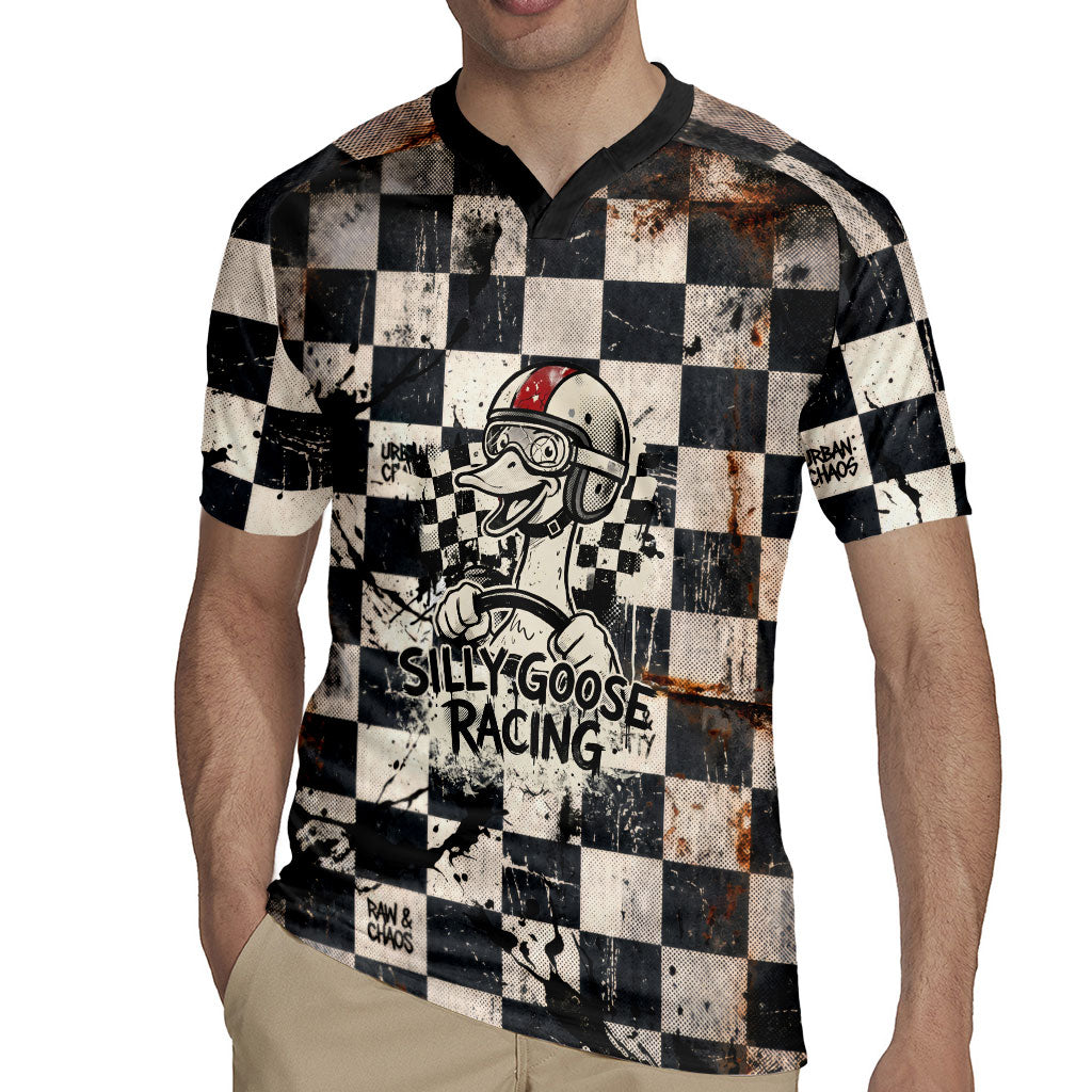 Silly Goose Racing Motorsport Rugby Jersey Vintage Distressed Checkered Flag - Cartoon Race Car