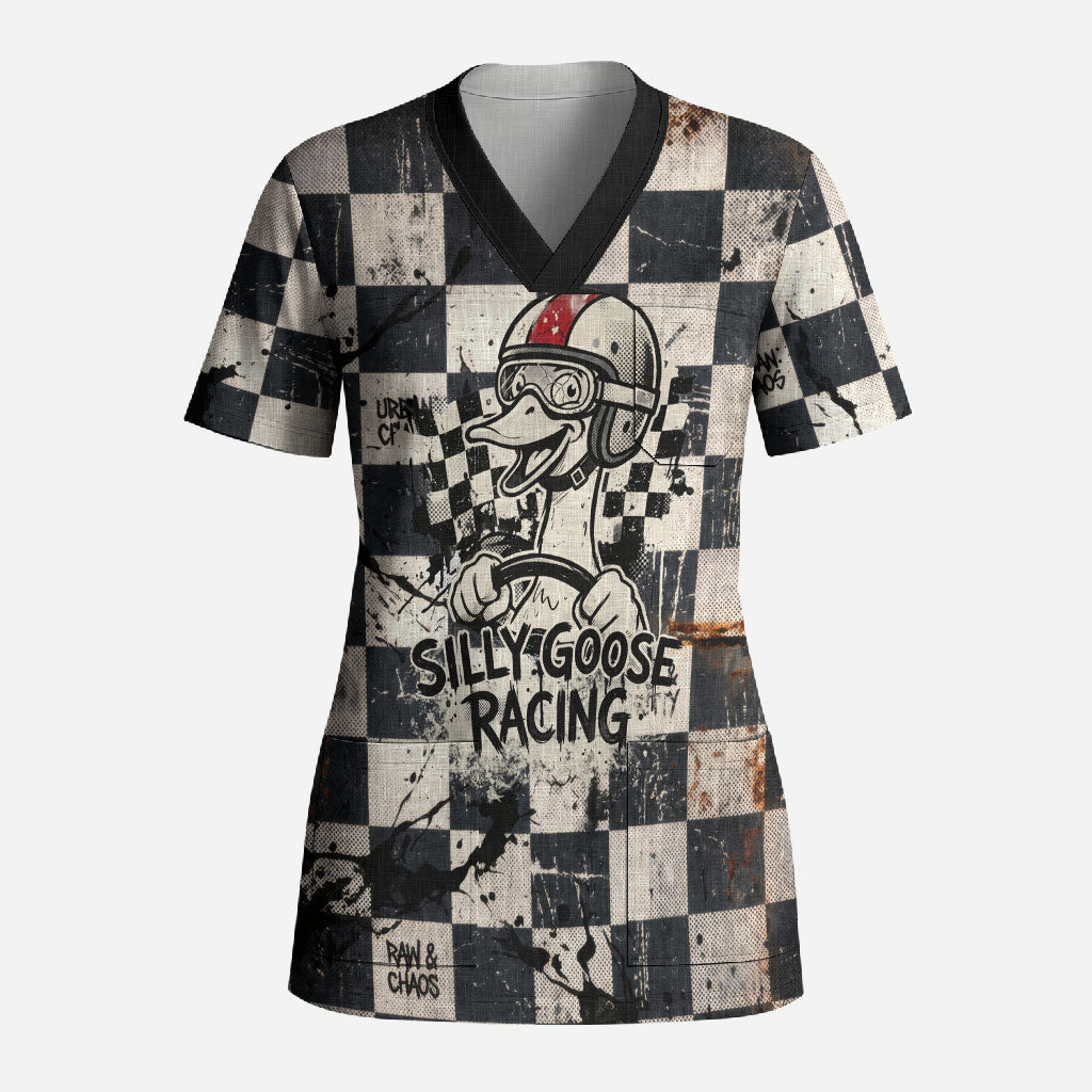 Silly Goose Racing Motorsport Scrub Top Vintage Distressed Checkered Flag - Cartoon Race Car
