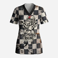 Silly Goose Racing Motorsport Scrub Top Vintage Distressed Checkered Flag - Cartoon Race Car