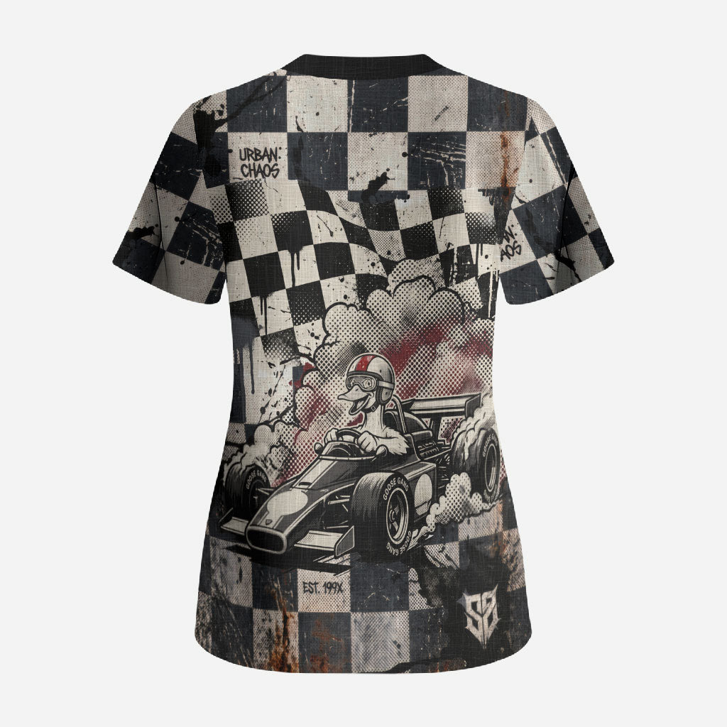 Silly Goose Racing Motorsport Scrub Top Vintage Distressed Checkered Flag - Cartoon Race Car