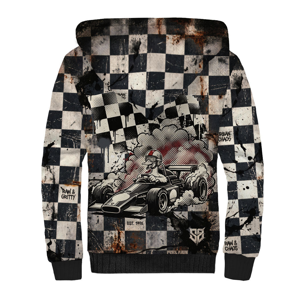 Silly Goose Racing Motorsport Sherpa Hoodie Vintage Distressed Checkered Flag - Cartoon Race Car