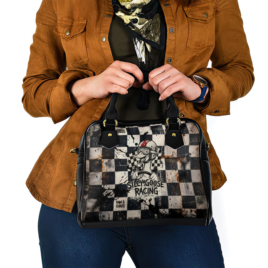 Silly Goose Racing Motorsport Shoulder Handbag Vintage Distressed Checkered Flag - Cartoon Race Car