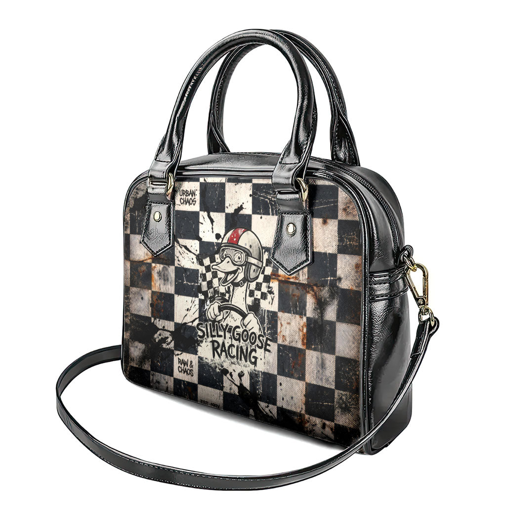 Silly Goose Racing Motorsport Shoulder Handbag Vintage Distressed Checkered Flag - Cartoon Race Car