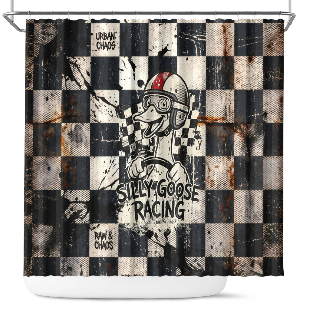 Silly Goose Racing Motorsport Shower Curtain Vintage Distressed Checkered Flag - Cartoon Race Car