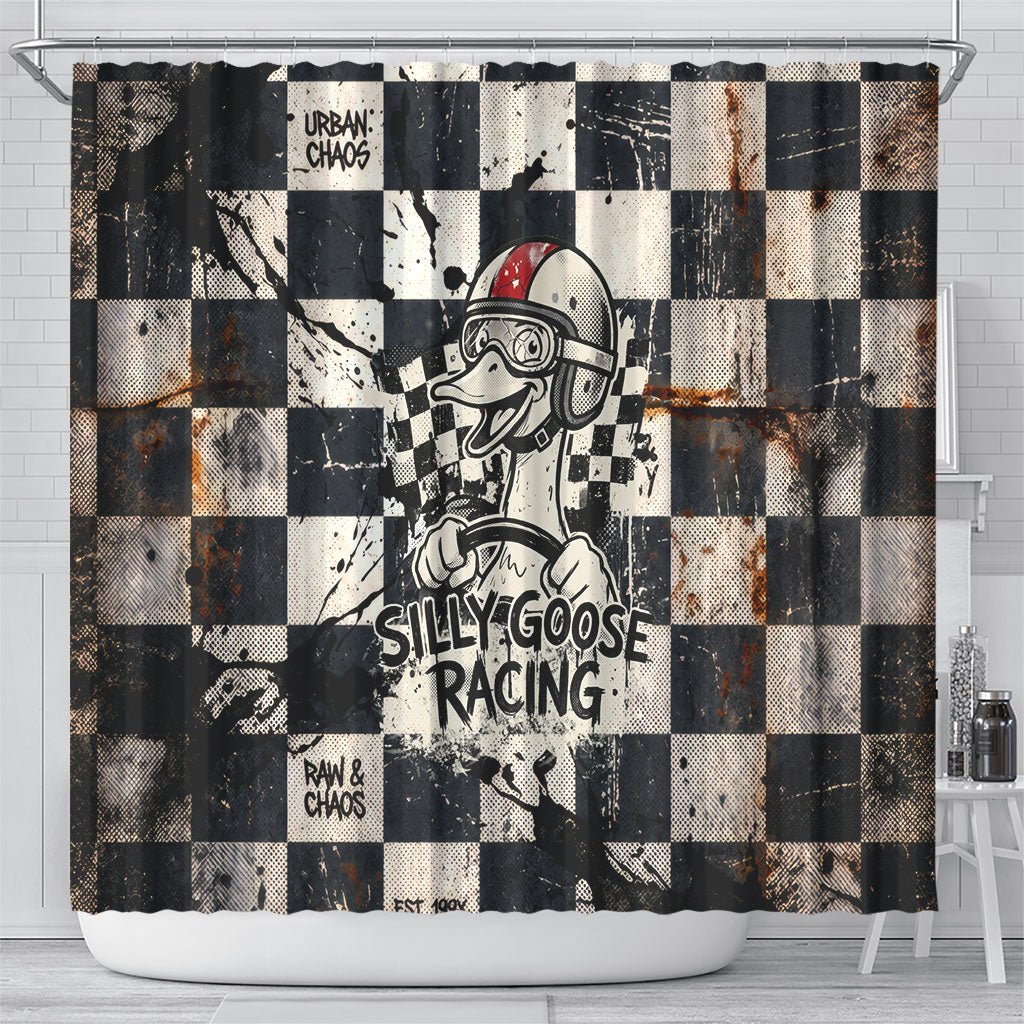 Silly Goose Racing Motorsport Shower Curtain Vintage Distressed Checkered Flag - Cartoon Race Car