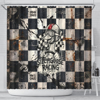 Silly Goose Racing Motorsport Shower Curtain Vintage Distressed Checkered Flag - Cartoon Race Car