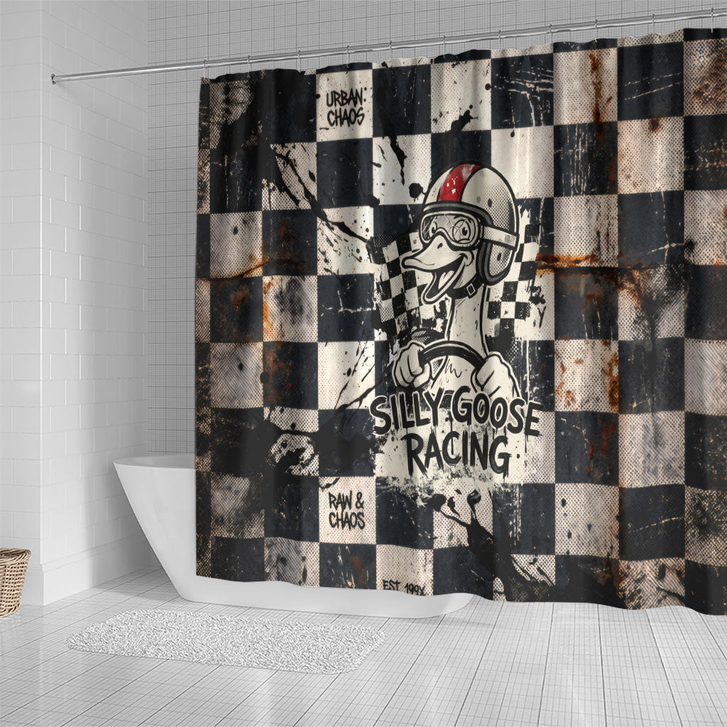 Silly Goose Racing Motorsport Shower Curtain Vintage Distressed Checkered Flag - Cartoon Race Car