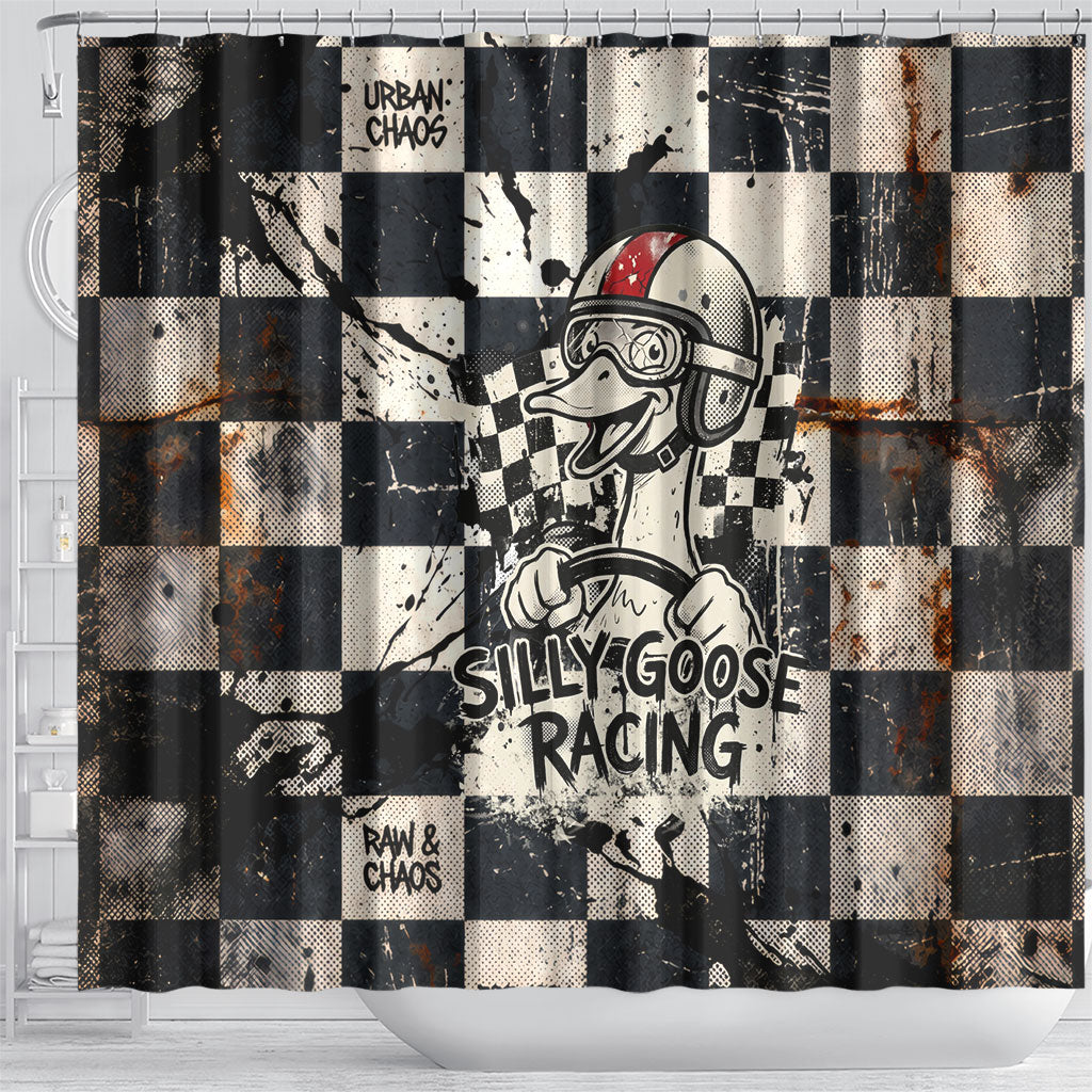 Silly Goose Racing Motorsport Shower Curtain Vintage Distressed Checkered Flag - Cartoon Race Car