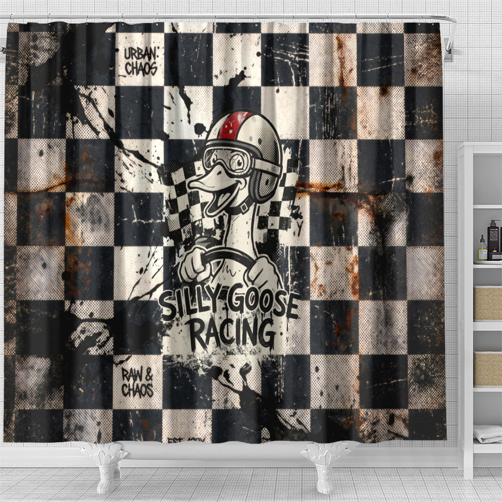 Silly Goose Racing Motorsport Shower Curtain Vintage Distressed Checkered Flag - Cartoon Race Car