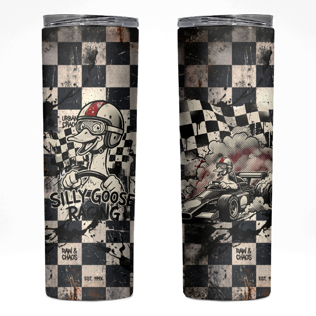 Silly Goose Racing Motorsport Skinny Tumbler Vintage Distressed Checkered Flag - Cartoon Race Car