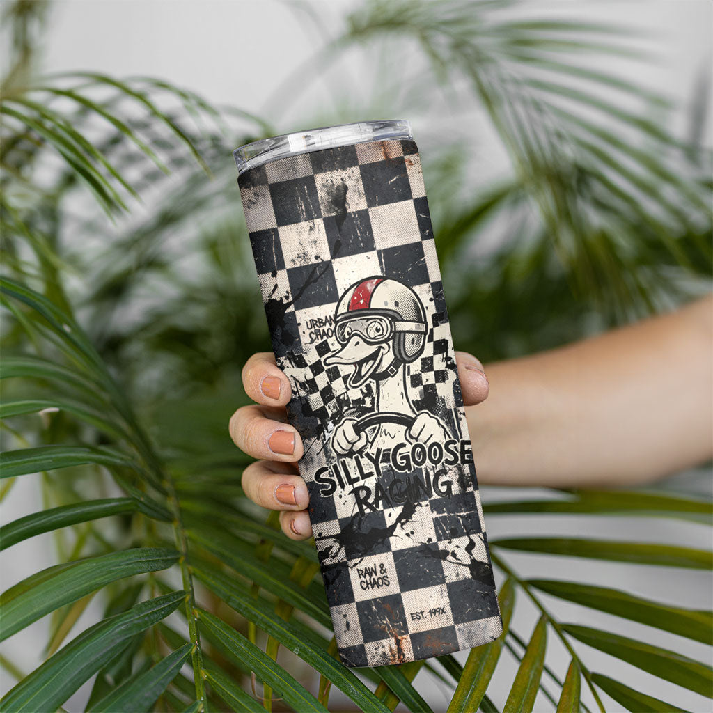 Silly Goose Racing Motorsport Skinny Tumbler Vintage Distressed Checkered Flag - Cartoon Race Car