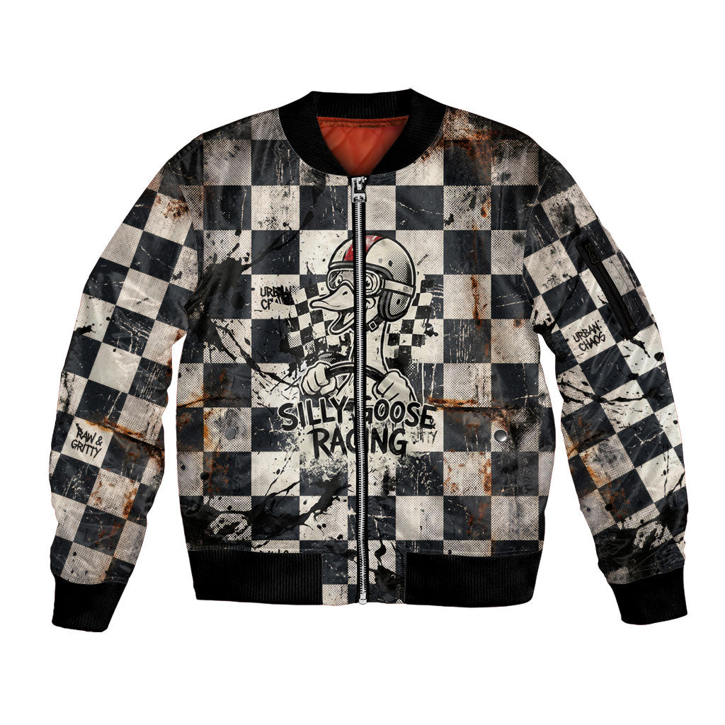 Silly Goose Racing Motorsport Sleeve Zip Bomber Jacket Vintage Distressed Checkered Flag - Cartoon Race Car