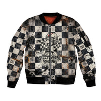 Silly Goose Racing Motorsport Sleeve Zip Bomber Jacket Vintage Distressed Checkered Flag - Cartoon Race Car