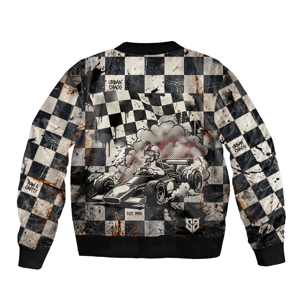 Silly Goose Racing Motorsport Sleeve Zip Bomber Jacket Vintage Distressed Checkered Flag - Cartoon Race Car