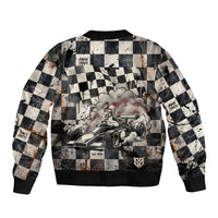 Silly Goose Racing Motorsport Sleeve Zip Bomber Jacket Vintage Distressed Checkered Flag - Cartoon Race Car