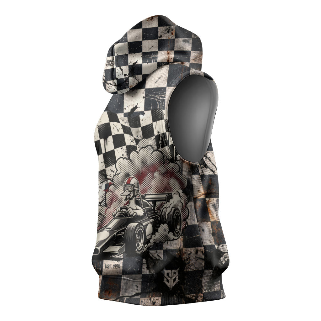Silly Goose Racing Motorsport Sleeveless Hoodie Vintage Distressed Checkered Flag - Cartoon Race Car