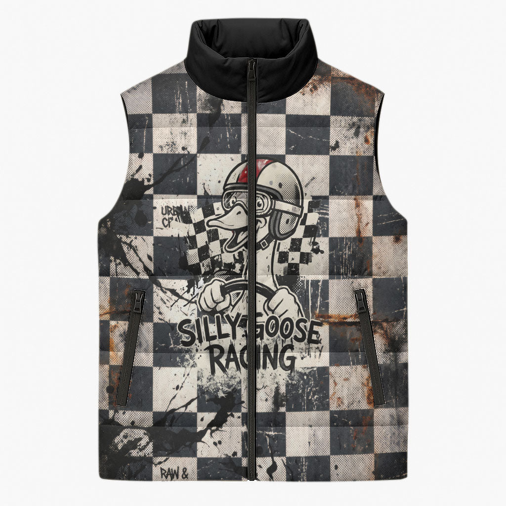 Silly Goose Racing Motorsport Sleeveless Puffer Jacket Vintage Distressed Checkered Flag - Cartoon Race Car