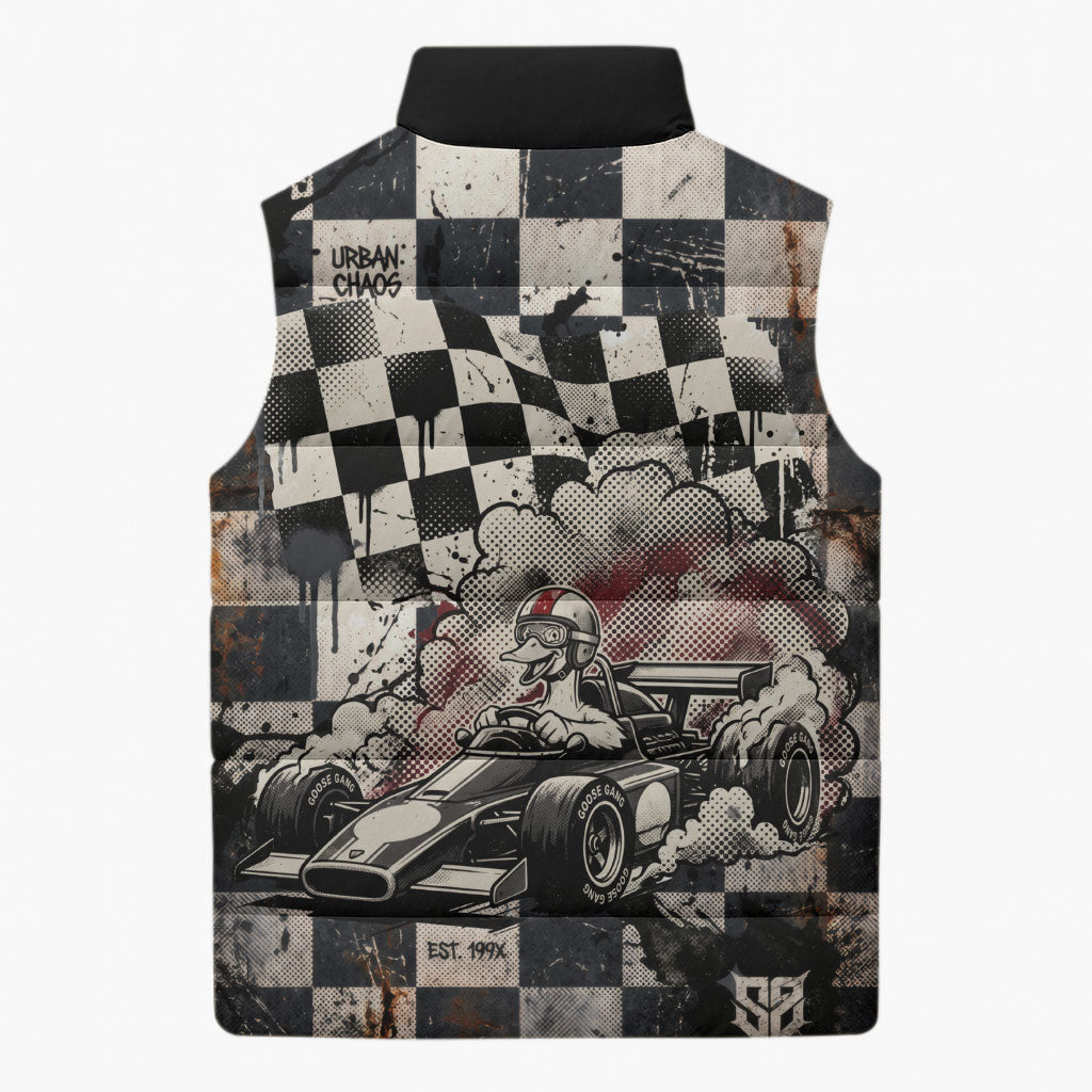 Silly Goose Racing Motorsport Sleeveless Puffer Jacket Vintage Distressed Checkered Flag - Cartoon Race Car