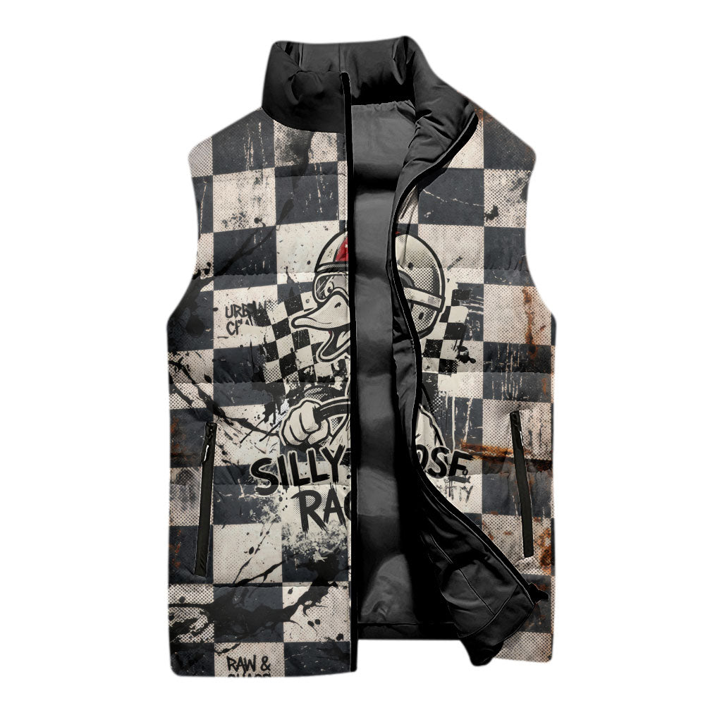 Silly Goose Racing Motorsport Sleeveless Puffer Jacket Vintage Distressed Checkered Flag - Cartoon Race Car