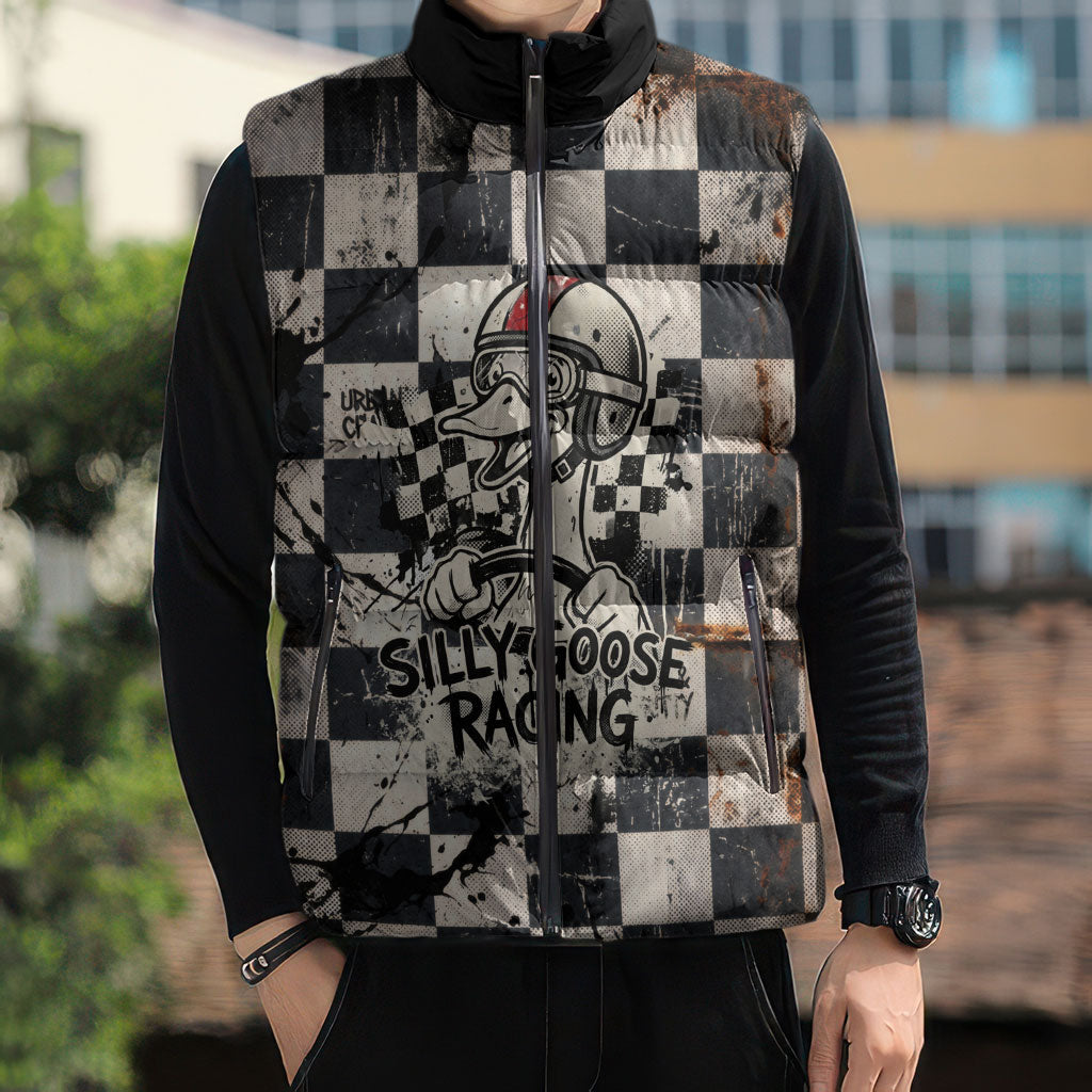 Silly Goose Racing Motorsport Sleeveless Puffer Jacket Vintage Distressed Checkered Flag - Cartoon Race Car