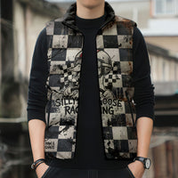 Silly Goose Racing Motorsport Sleeveless Puffer Jacket Vintage Distressed Checkered Flag - Cartoon Race Car