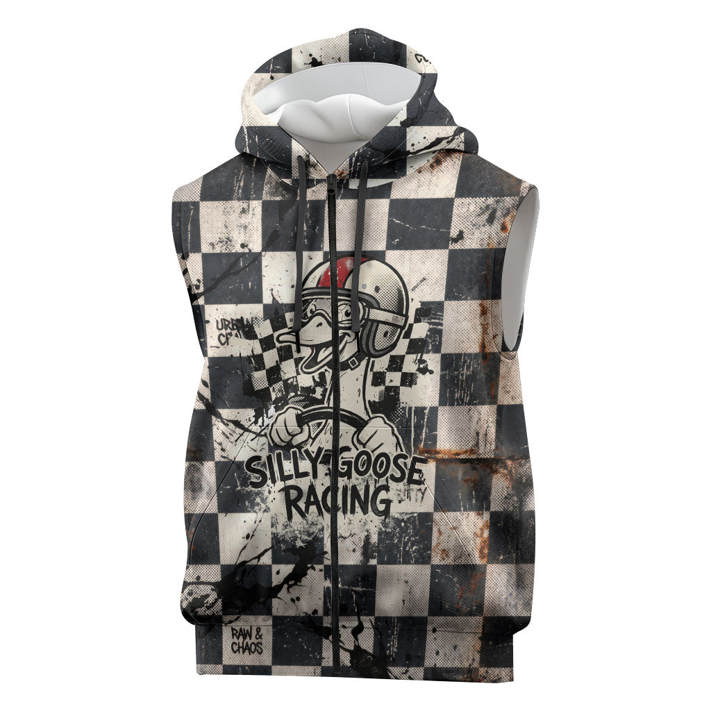 Silly Goose Racing Motorsport Sleeveless Zip Hoodie Vintage Distressed Checkered Flag - Cartoon Race Car