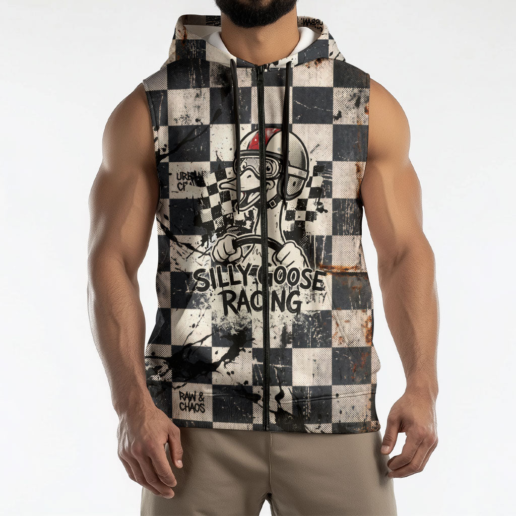 Silly Goose Racing Motorsport Sleeveless Zip Hoodie Vintage Distressed Checkered Flag - Cartoon Race Car