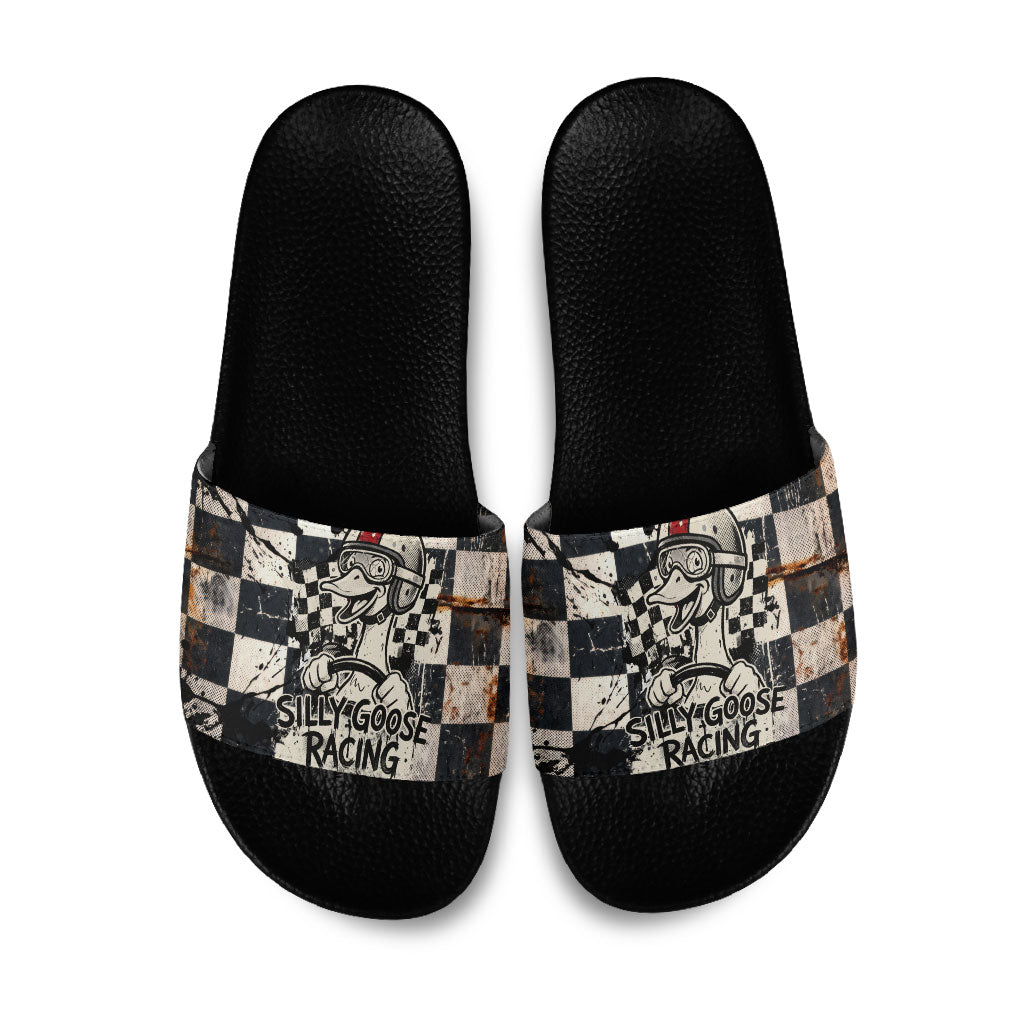 Silly Goose Racing Motorsport Slide Sandals Vintage Distressed Checkered Flag - Cartoon Race Car