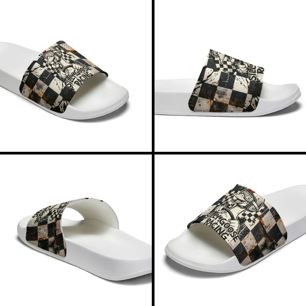 Silly Goose Racing Motorsport Slide Sandals Vintage Distressed Checkered Flag - Cartoon Race Car