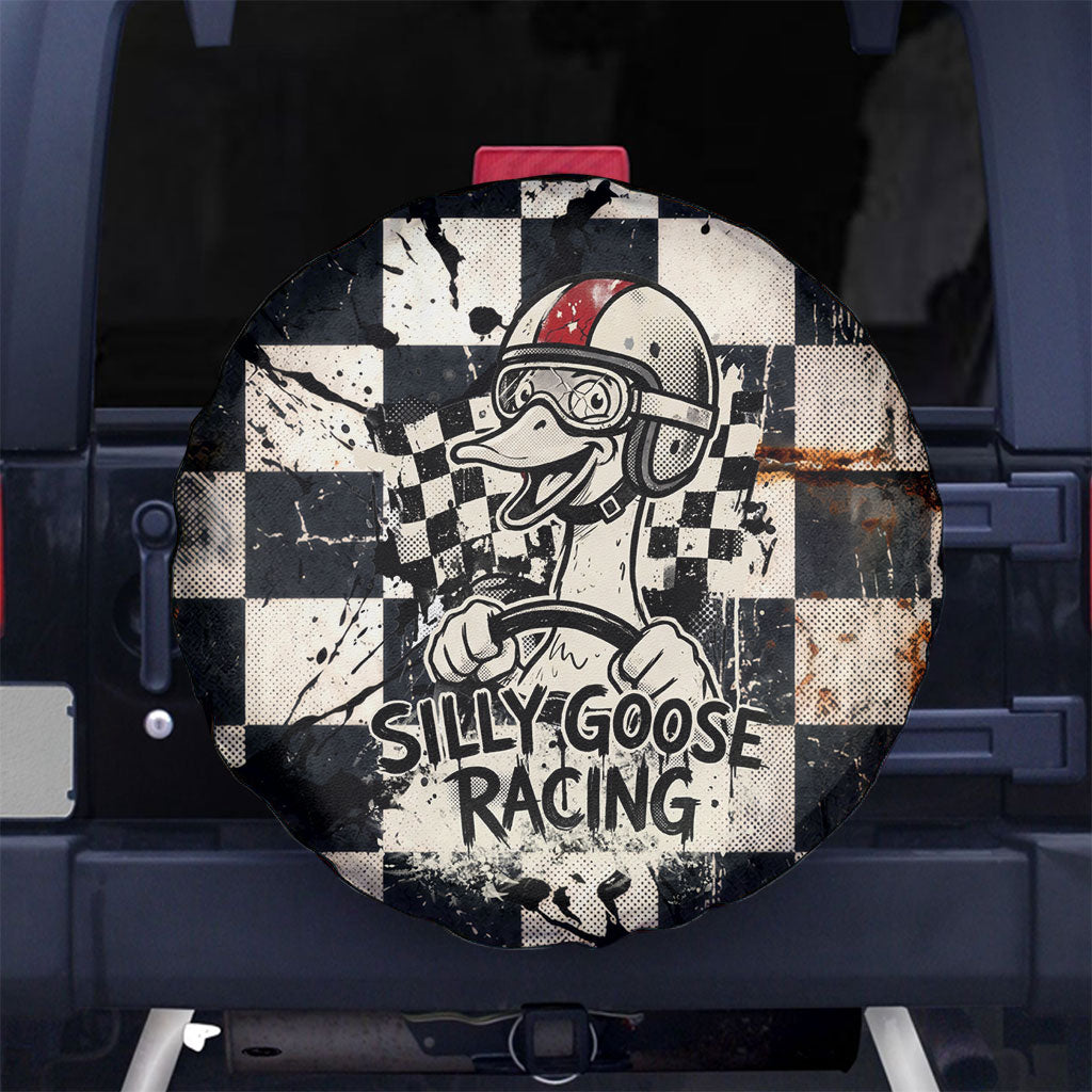 Silly Goose Racing Motorsport Spare Tire Cover Vintage Distressed Checkered Flag - Cartoon Race Car