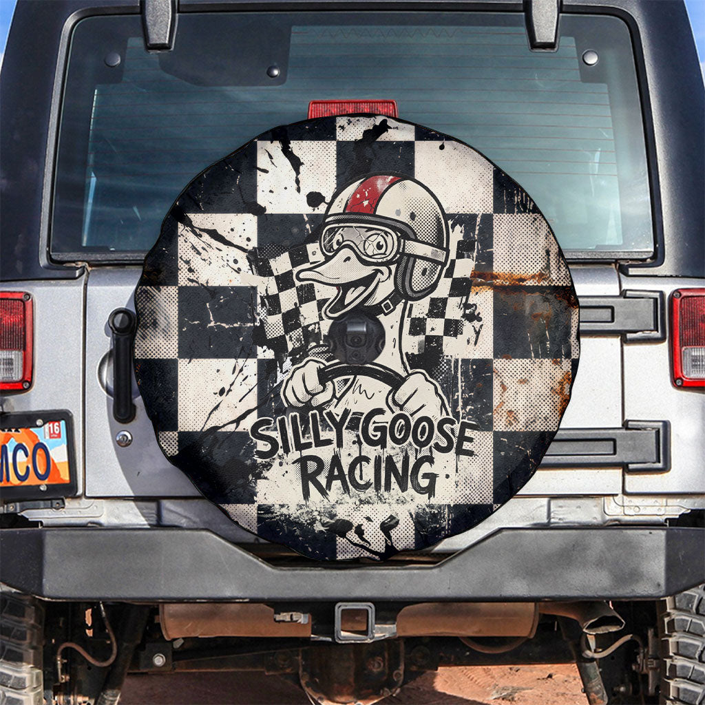 Silly Goose Racing Motorsport Spare Tire Cover Vintage Distressed Checkered Flag - Cartoon Race Car