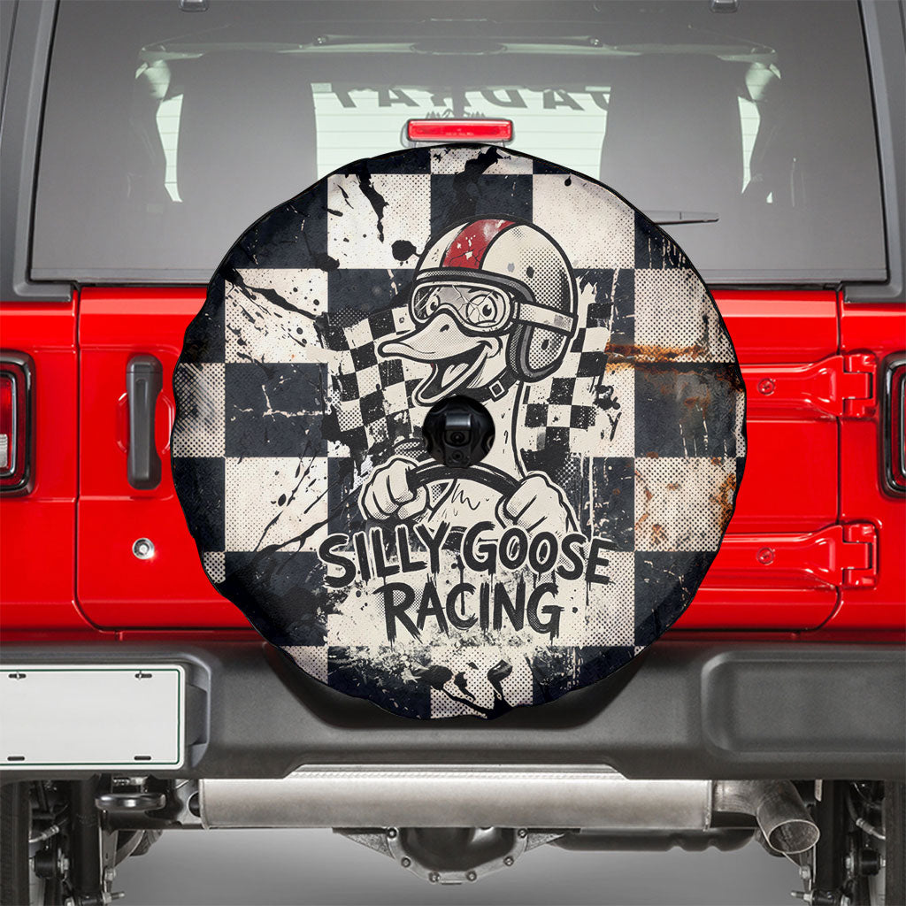 Silly Goose Racing Motorsport Spare Tire Cover Vintage Distressed Checkered Flag - Cartoon Race Car