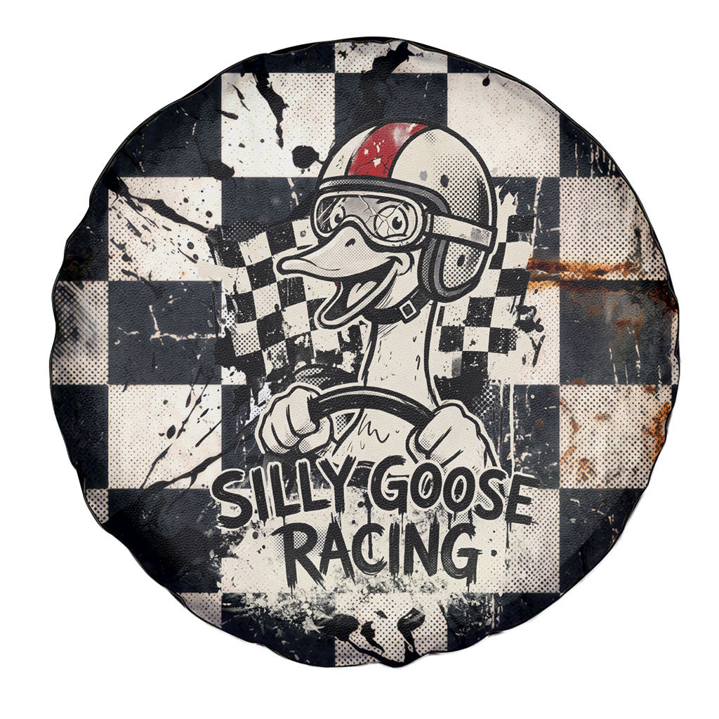 Silly Goose Racing Motorsport Spare Tire Cover Vintage Distressed Checkered Flag - Cartoon Race Car