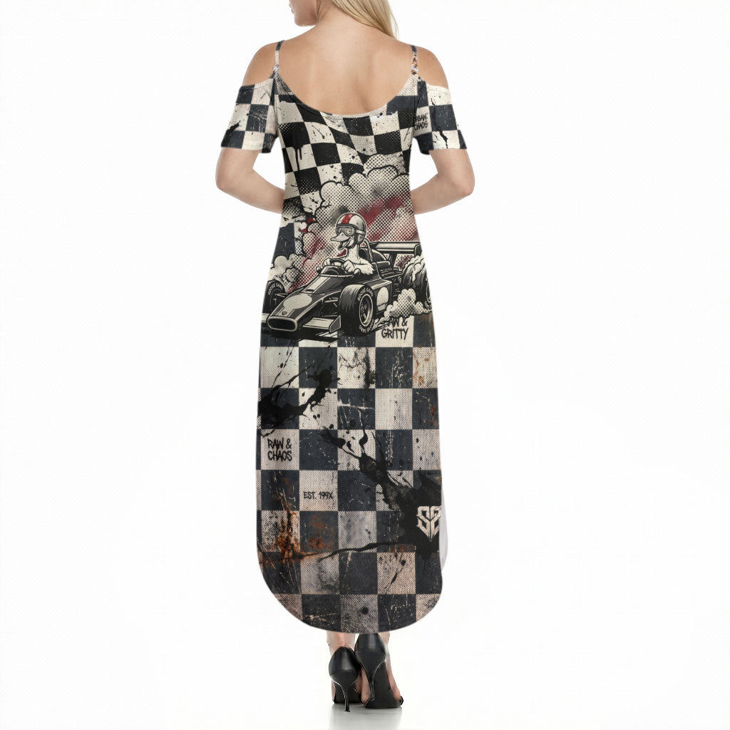 Silly Goose Racing Motorsport Summer Maxi Dress Vintage Distressed Checkered Flag - Cartoon Race Car