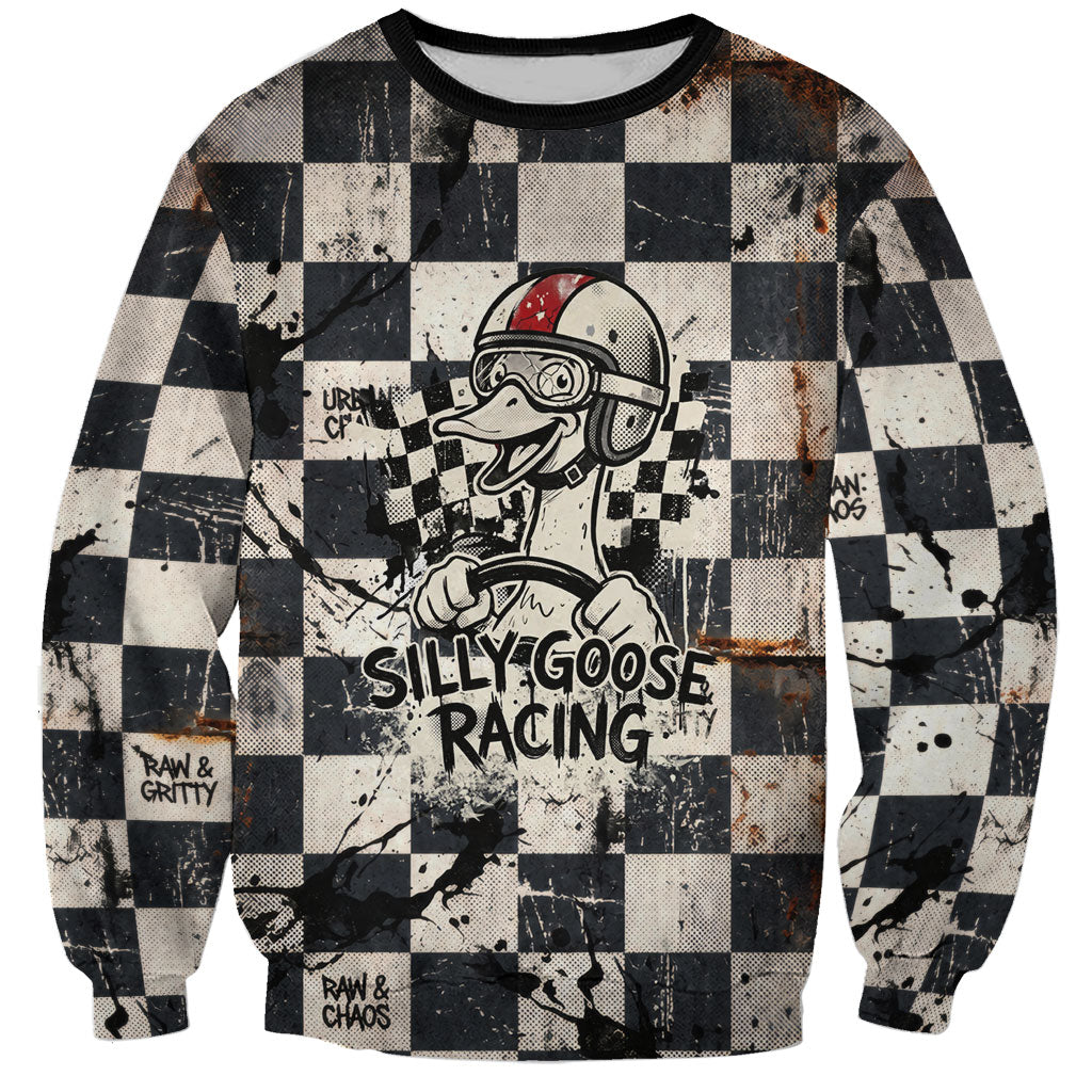 Silly Goose Racing Motorsport Sweatshirt Vintage Distressed Checkered Flag - Cartoon Race Car