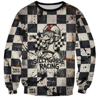 Silly Goose Racing Motorsport Sweatshirt Vintage Distressed Checkered Flag - Cartoon Race Car