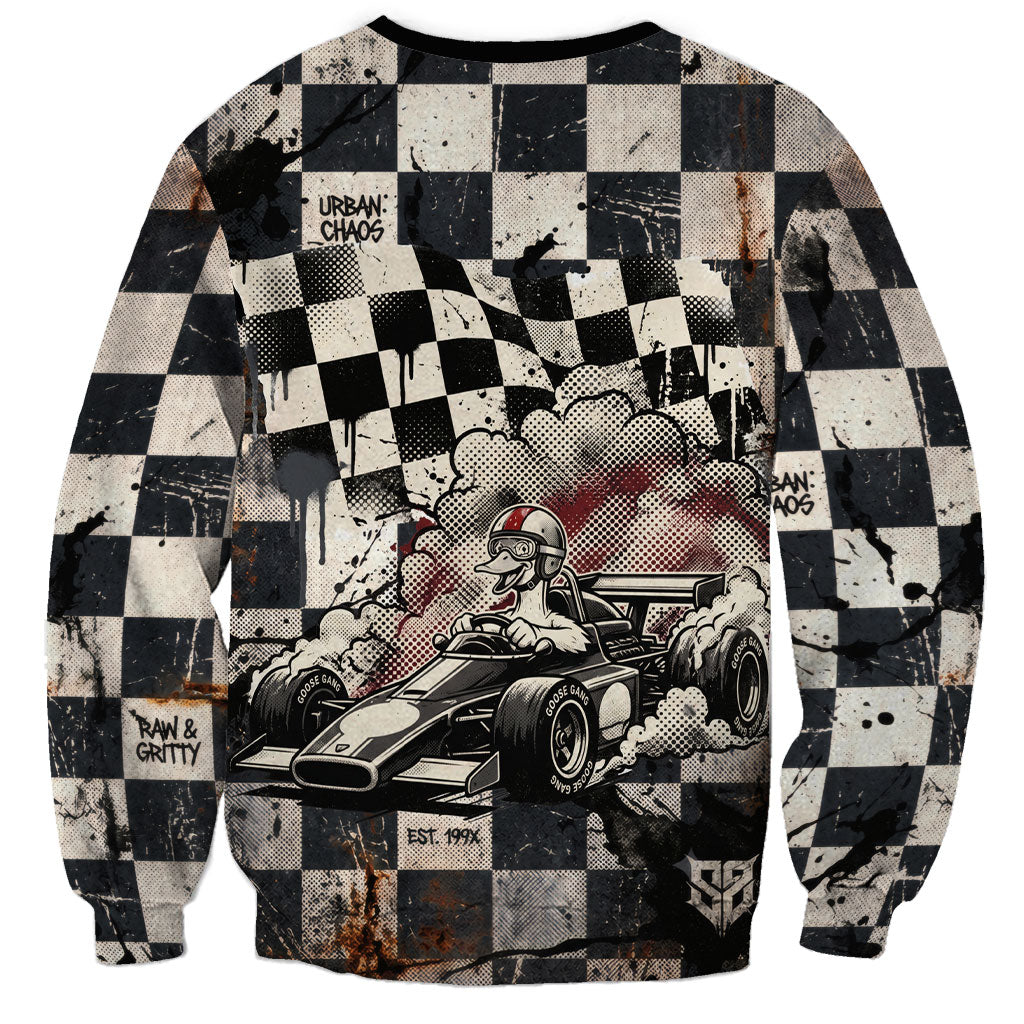Silly Goose Racing Motorsport Sweatshirt Vintage Distressed Checkered Flag - Cartoon Race Car