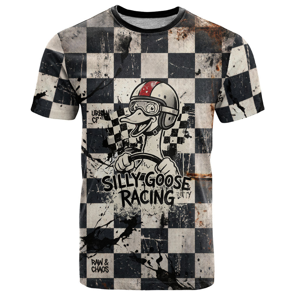 Silly Goose Racing Motorsport T Shirt Vintage Distressed Checkered Flag - Cartoon Race Car