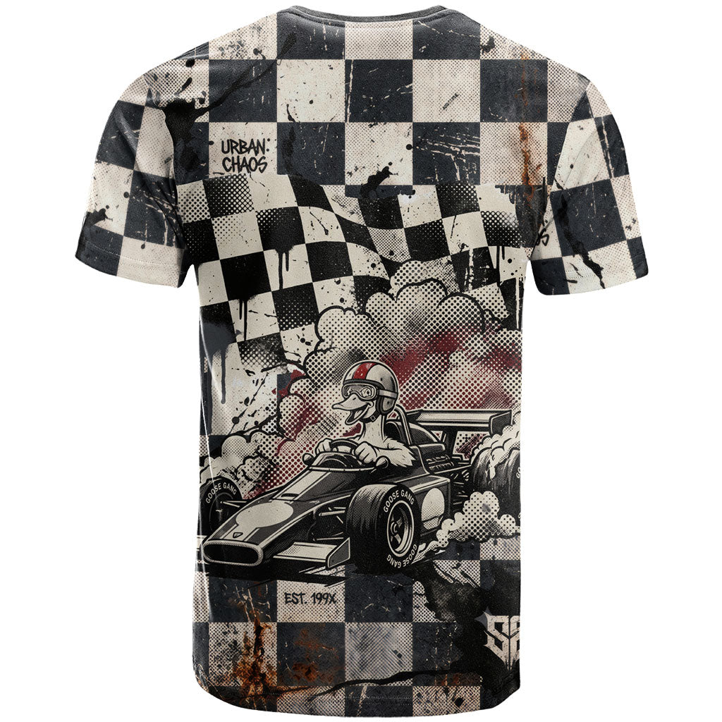 Silly Goose Racing Motorsport T Shirt Vintage Distressed Checkered Flag - Cartoon Race Car