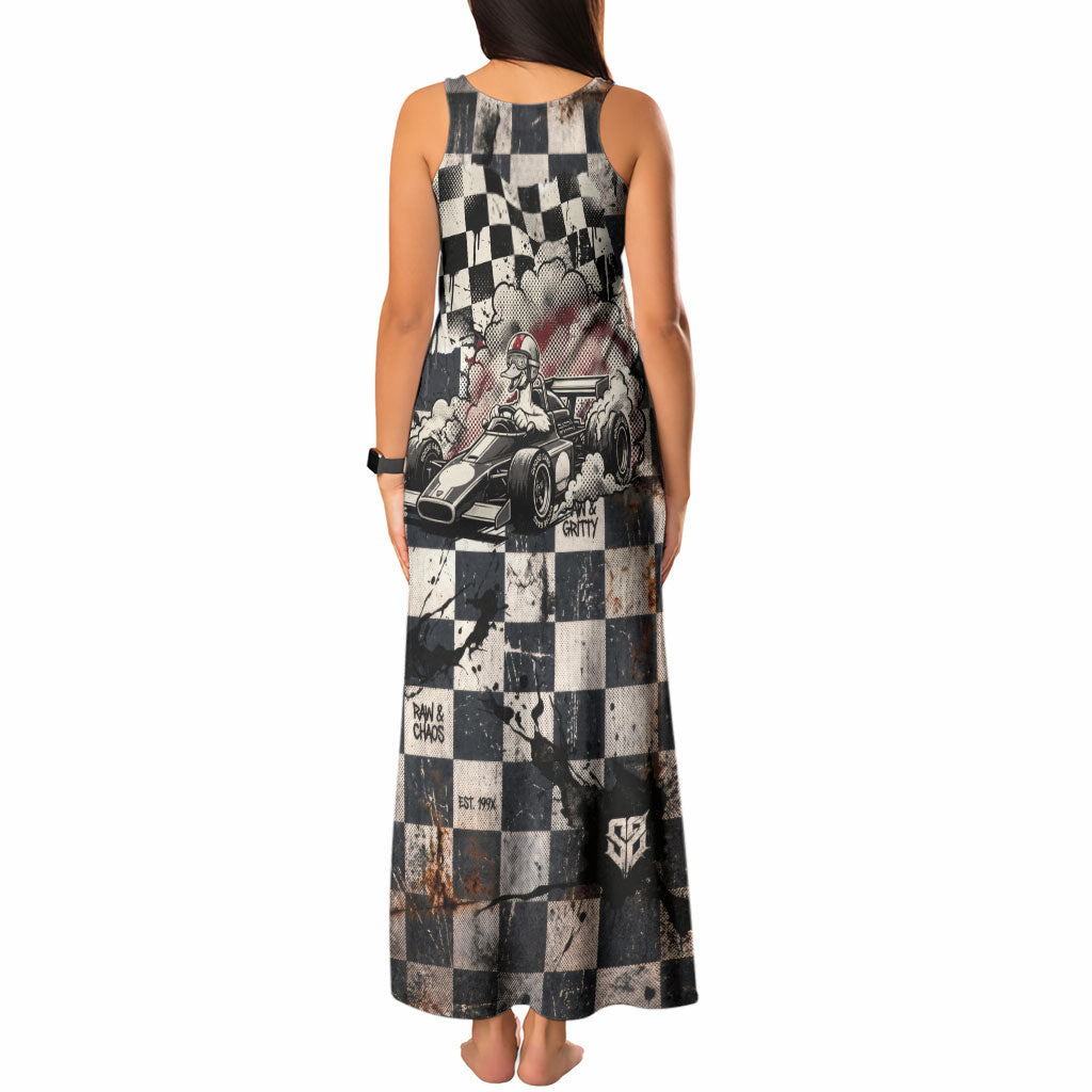 Silly Goose Racing Motorsport Tank Maxi Dress Vintage Distressed Checkered Flag - Cartoon Race Car