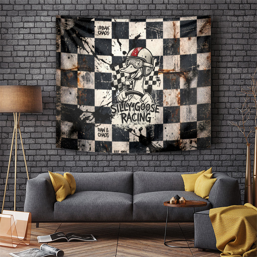 Silly Goose Racing Motorsport Tapestry Vintage Distressed Checkered Flag - Cartoon Race Car