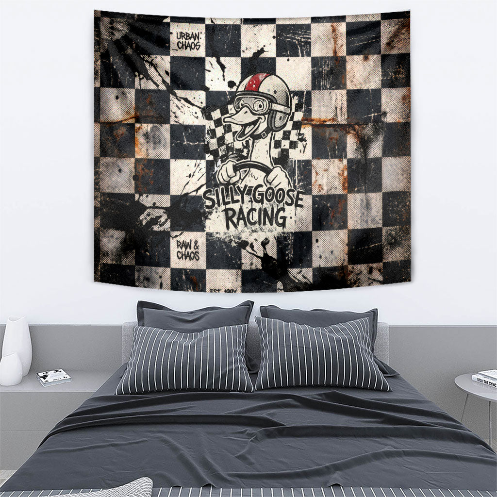 Silly Goose Racing Motorsport Tapestry Vintage Distressed Checkered Flag - Cartoon Race Car