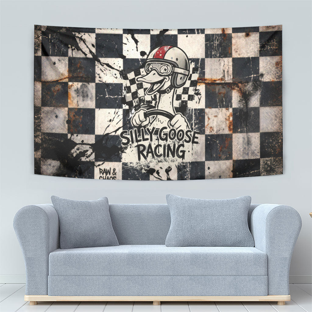 Silly Goose Racing Motorsport Tapestry Vintage Distressed Checkered Flag - Cartoon Race Car