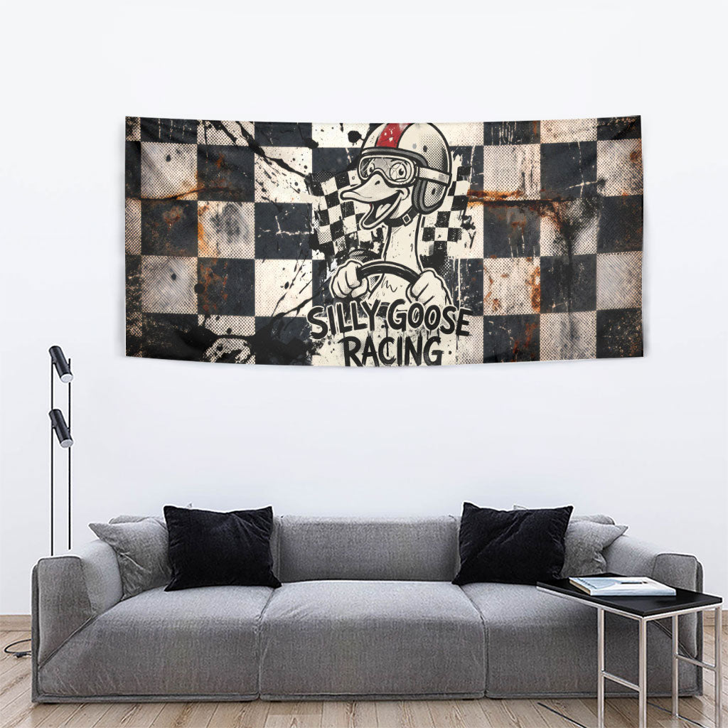 Silly Goose Racing Motorsport Tapestry Vintage Distressed Checkered Flag - Cartoon Race Car