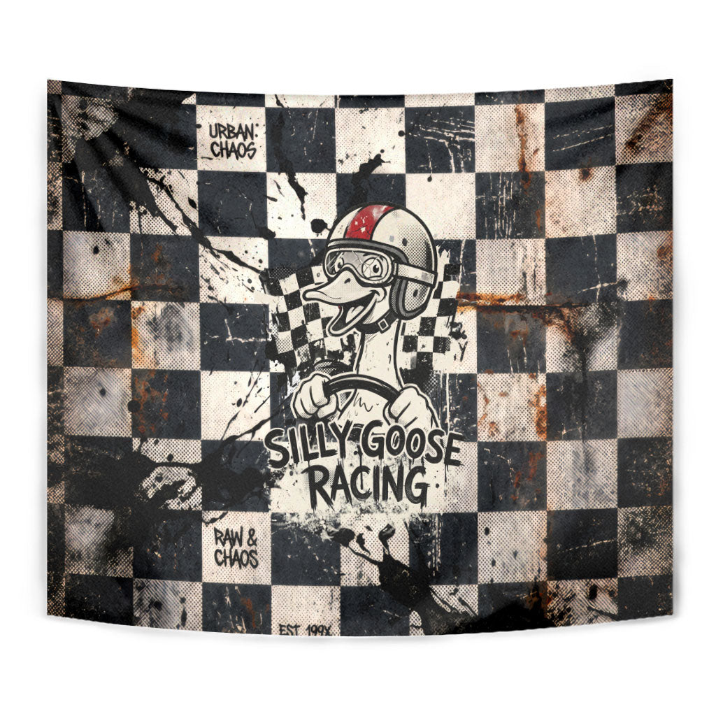 Silly Goose Racing Motorsport Tapestry Vintage Distressed Checkered Flag - Cartoon Race Car