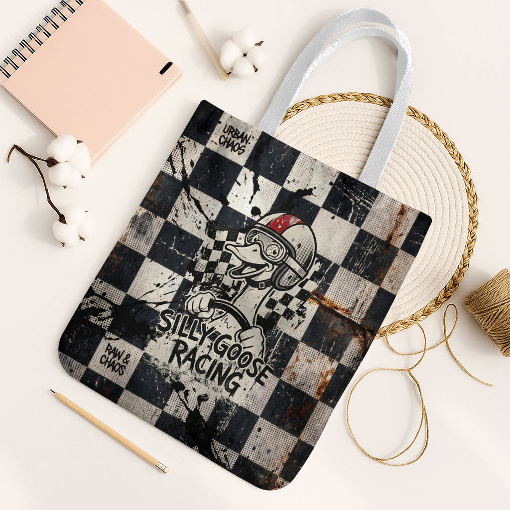 Silly Goose Racing Motorsport Tote Bag Vintage Distressed Checkered Flag - Cartoon Race Car
