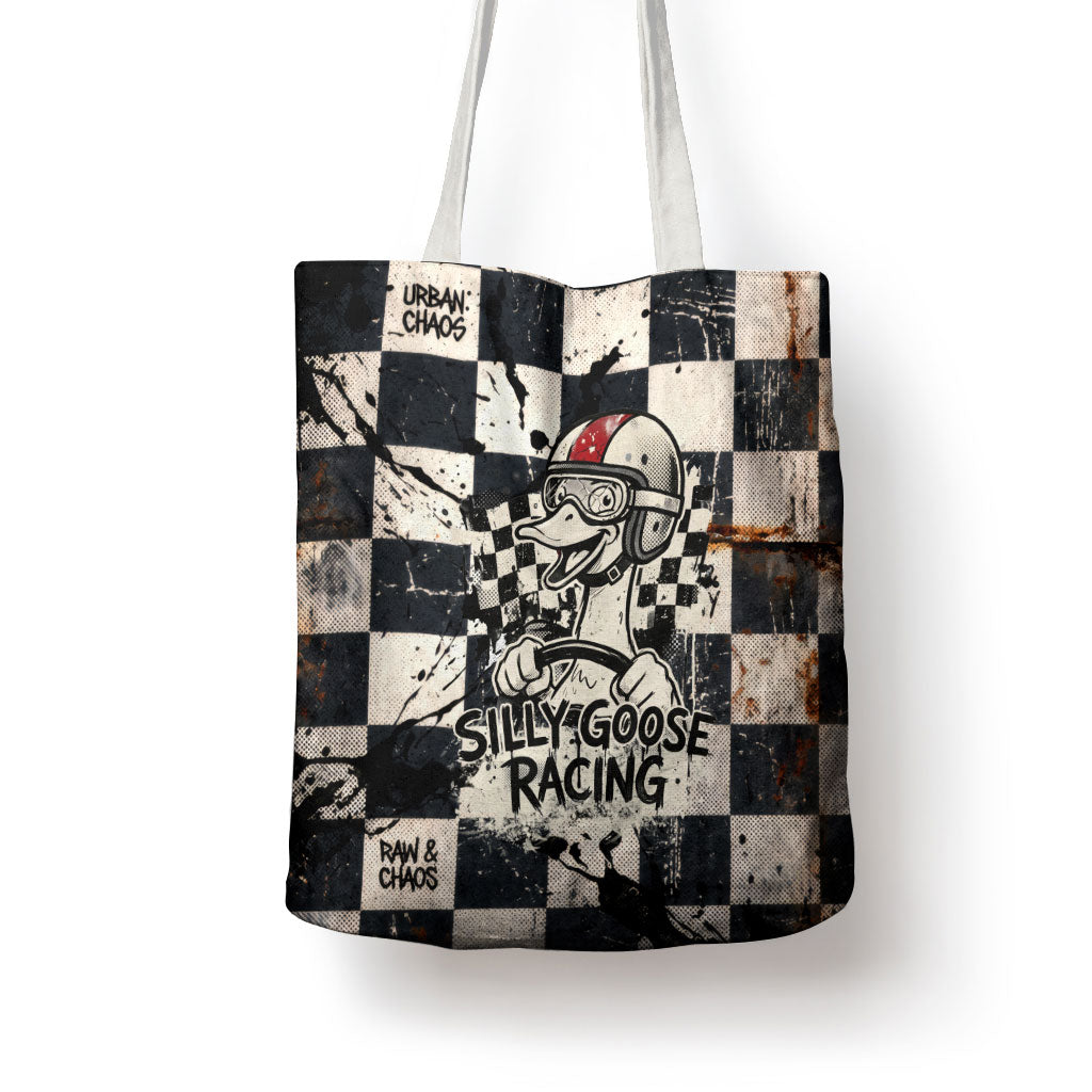 Silly Goose Racing Motorsport Tote Bag Vintage Distressed Checkered Flag - Cartoon Race Car