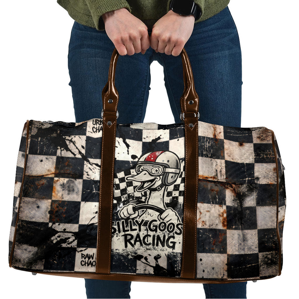 Silly Goose Racing Motorsport Travel Bag Vintage Distressed Checkered Flag - Cartoon Race Car