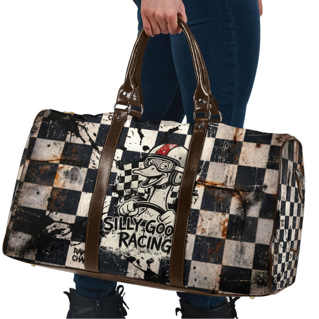 Silly Goose Racing Motorsport Travel Bag Vintage Distressed Checkered Flag - Cartoon Race Car