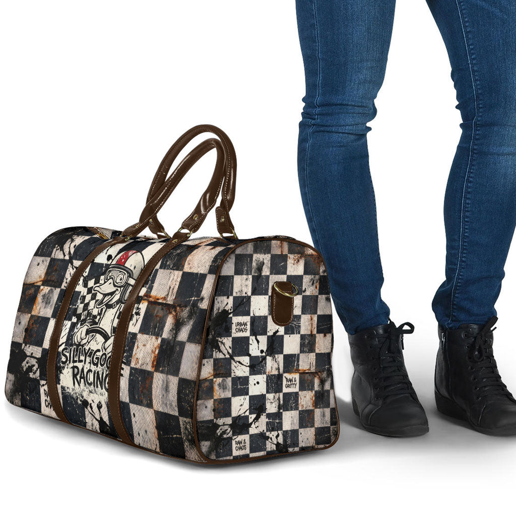 Silly Goose Racing Motorsport Travel Bag Vintage Distressed Checkered Flag - Cartoon Race Car